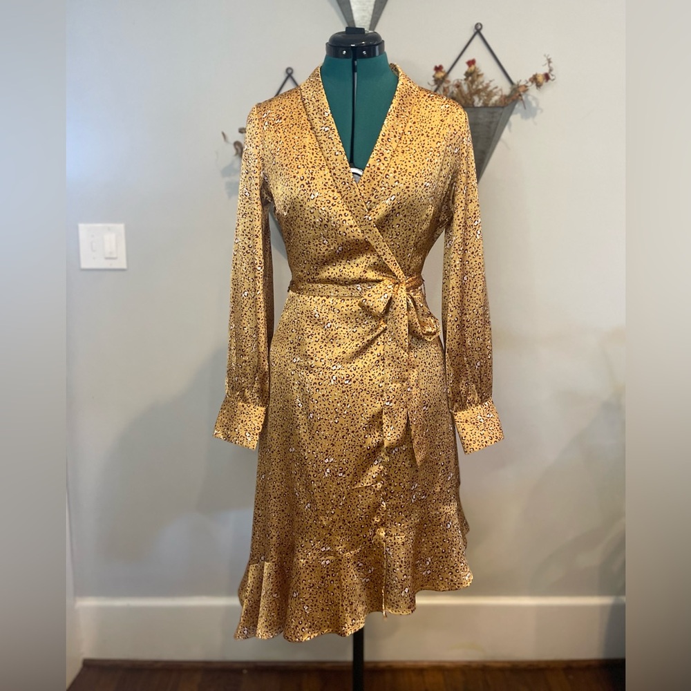 Influence by ASOS Gold Wrap Leopard Print Dress with Ruffled Hem and Sleeves